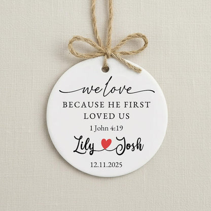 A custom hand painted Christmas ornament, the Personalized Watercolor Portrait Wedding Ceramic Ornament is a unique watercolor wedding ornament.