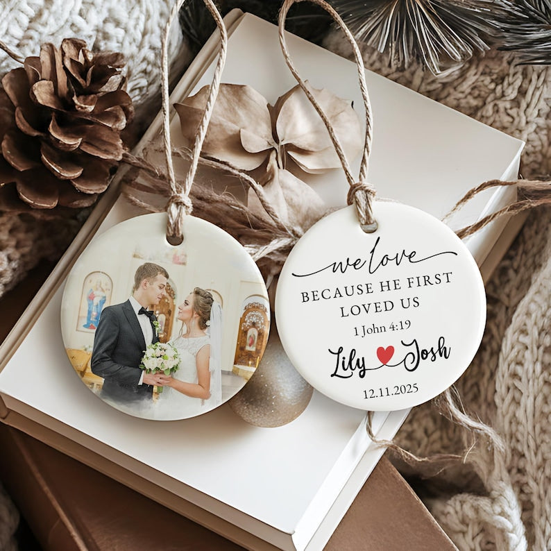 An elegant Christian Christmas gift, this Personalized Watercolor Portrait Wedding Ceramic Ornament is a beautiful ceramic wedding ornament.