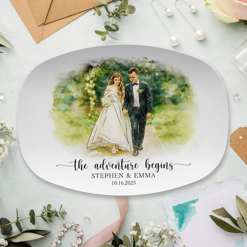 This custom platter, a Personalized Watercolor Wedding Photo Platter, features a stunning watercolor wedding photo.