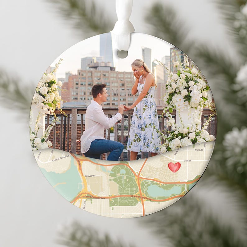 A close-up of a personalized engagement ornament, the Personalized Wedding Engaged Calendar Ceramic Ornament is an ideal couple ornament.
