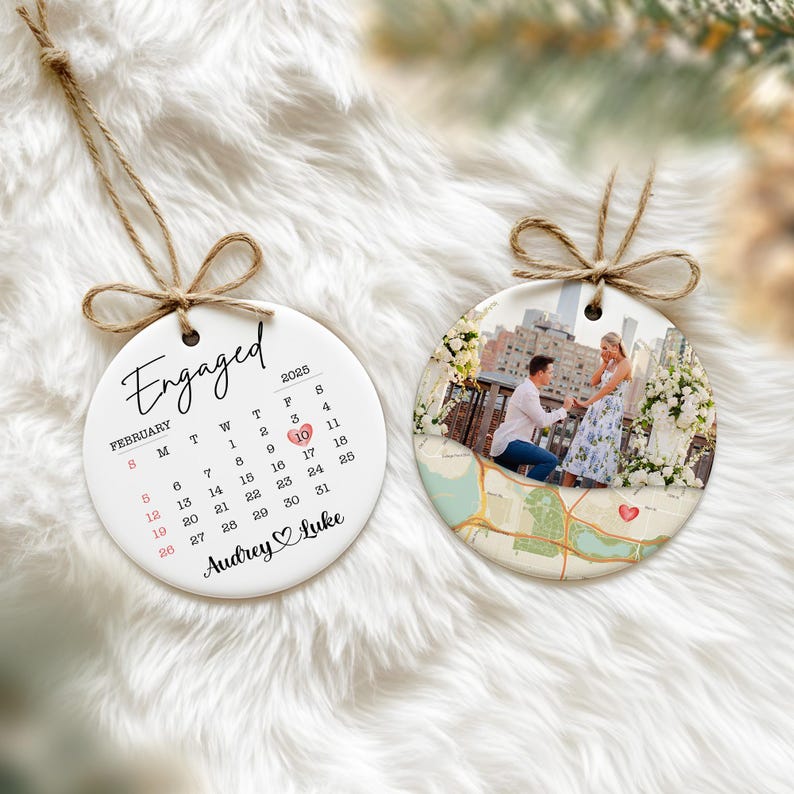 A charming couple ornament and wedding ornament, the Personalized Wedding Engaged Calendar Ceramic Ornament is a great personalized Christmas gift.