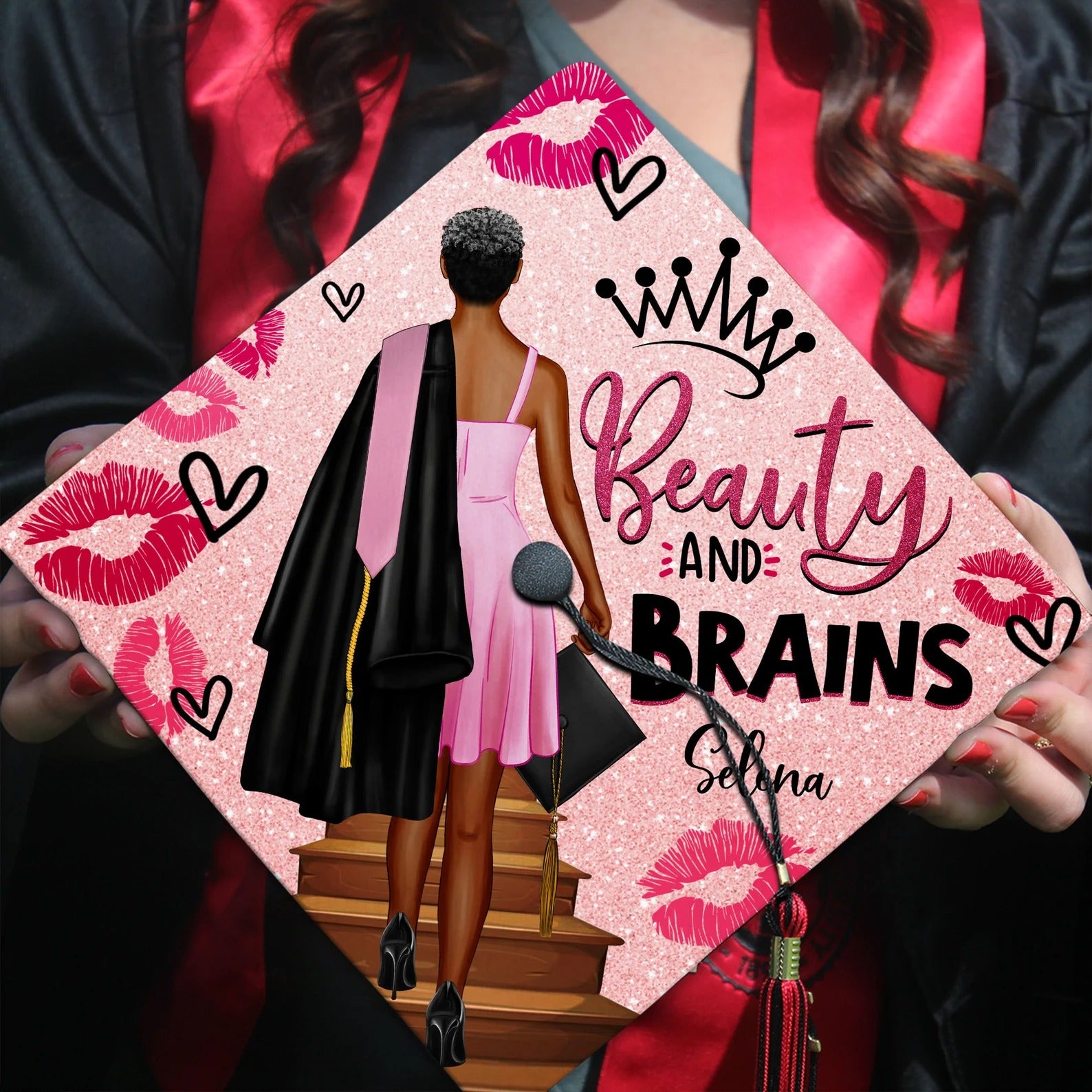Beauty And Brains Personalized Graduation Cap, Black Queen Grad Cap Topper, Class of 2024