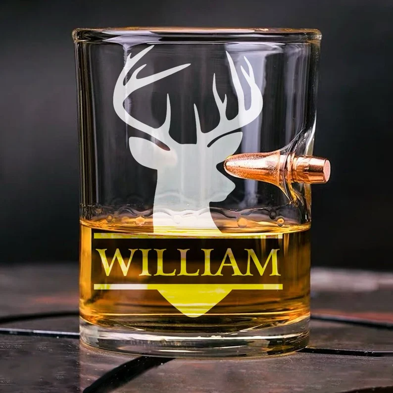 Personalized Hunting Whiskey Glass With Bullet